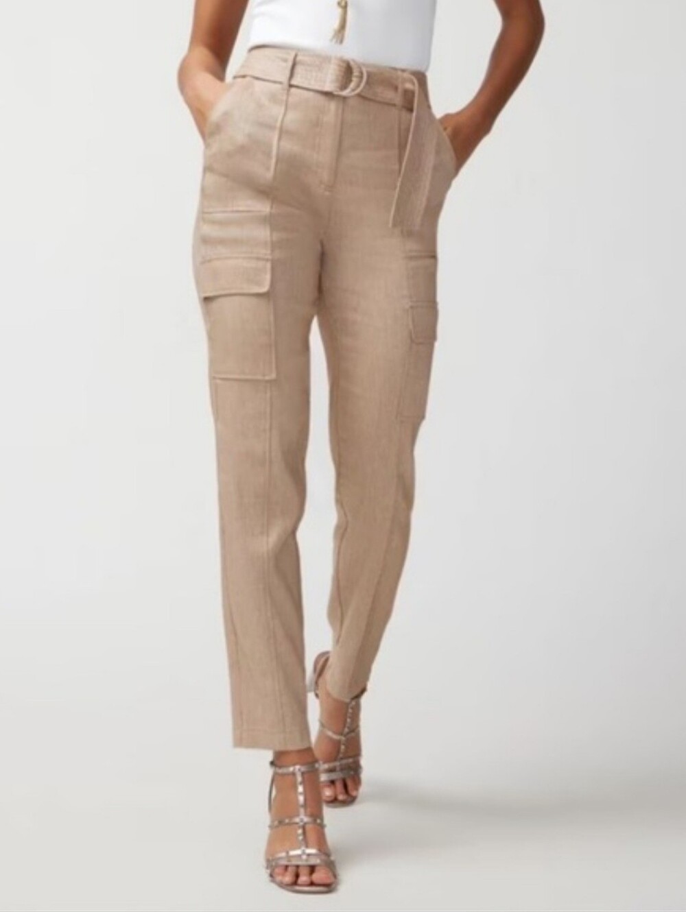 White House Black Market (WHBM) Linen-Blend Belted Utility Cargo Pants size 12S
